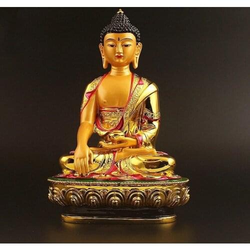 Super Big 21cm Gold Plating Colored Tibetan Tranic Three Treasured Shakyamuni Buddha Statue Figurine Putting Decoration
