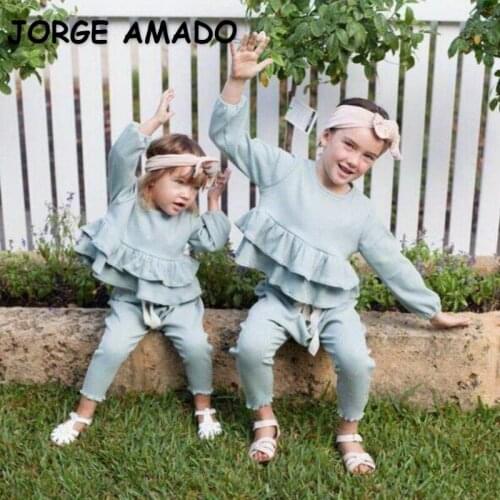 2021 New Korean Style Spring Kids Girls 2-pcs Sets Solid Color Waffle Ruffles Top + Elastic Waist Pants Children Clothes E201