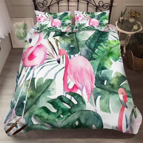 Fanaijia Pink Flamingo Bedding Sets Cartoon Tropical plants Duvet Cover Set Pillowcase Kids Bed Set Full Size