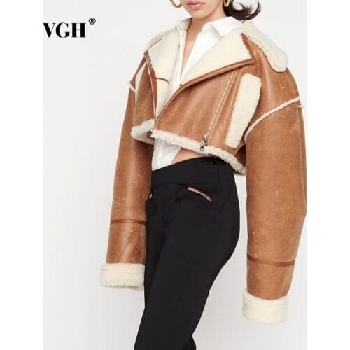 VGH Korean Fashion Patchwork PU Leather Colorblock Jacket For Women Lapel Collar Long Sleeve Zipper Coats Female Winter Clothing