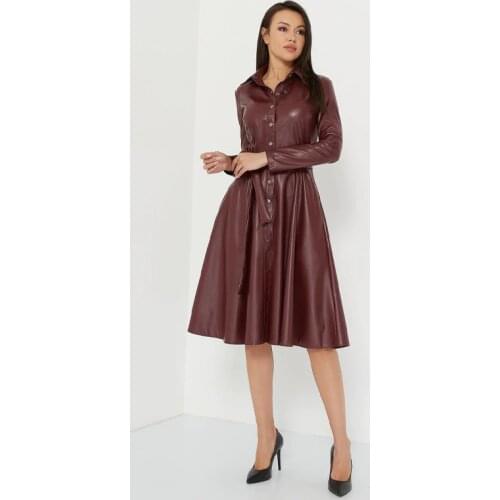 Fashion PU Leather Dress Women Casual Pockets Button Down Dress With Belt Long Sleeve Solid Color Midi Dress 2020 New A-Line