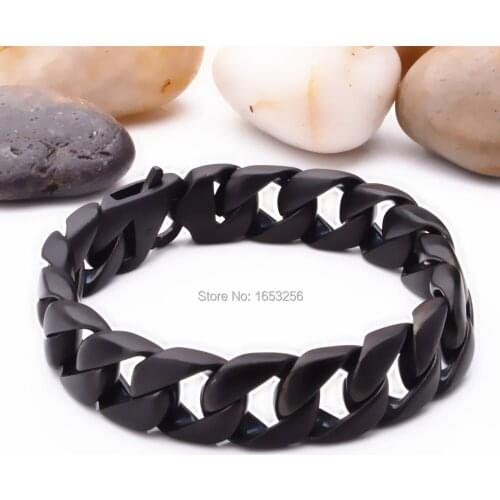 TGSL00131 Fashion Black Plated Curb Cuban Link Bracelet Chain Stainless Steel Mens Punk Cool Jewelry 15mm 8.66