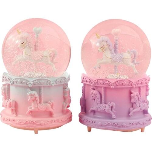 Resin Unicorn Music Box With LED Luminous Snowflakes Carousel Crystal Ball Snow Globe Music Box Couple Valentines Day Gift