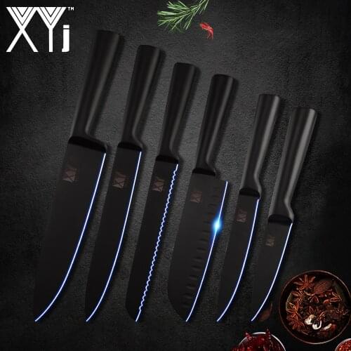 XYj 6pcs Stainless Steel Knives Set All Black Seamless Welding Non-slip Handle Chef Knives Meat Fish Kitchen Accessory Home Tool