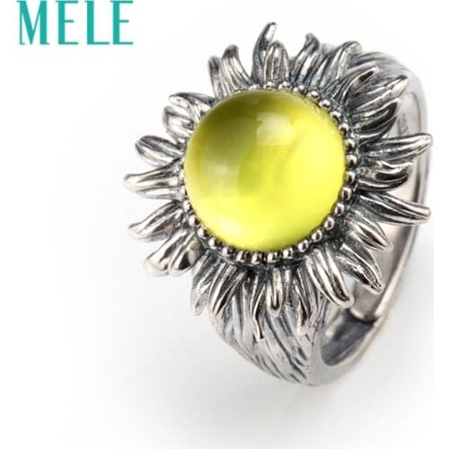Natural yellow prehnite silver ring, round 10mm, fashion design and top quality, flexible ring size, fashion womens jewelry