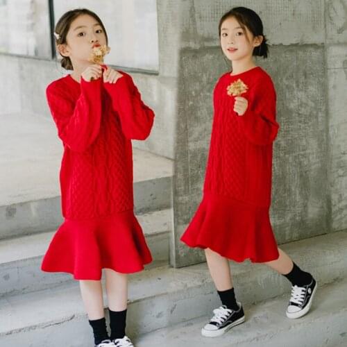New 2020 Fall Winter Teenage Girls Sweet Knitting Dress Korean Mother And Daugther Dresses Elegant Kids Girls Party Dress, #1117