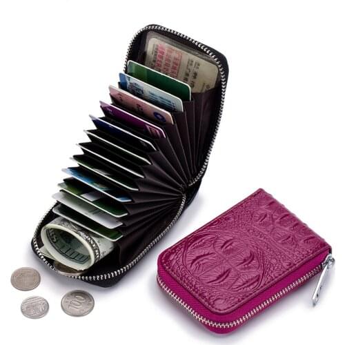 New RFID Blocking Credit Card Holder Genuine Leather Organizer Business Travel Organ Card Bag for Women Men Zipper Small Wallet