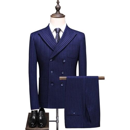Pinstripe Slim Fit Men Suits for Formal Wedding Tuxedo Notched Lapel 3 Piece Navy Blue Striped Business Groom Male Fashion