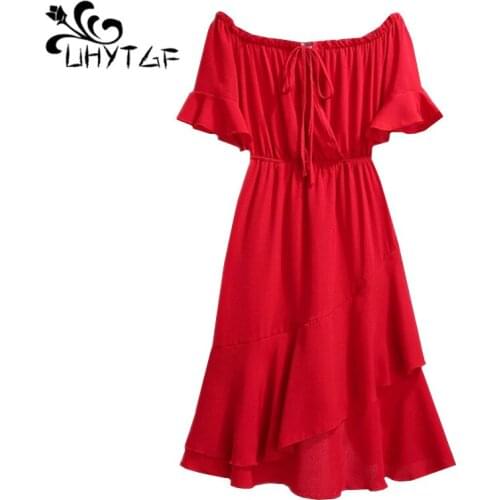 UHYTGF Women summer dress One word collar off shoulder Sexy dress Black red 4XL plus size dresses vestidos de fiesta de noche178