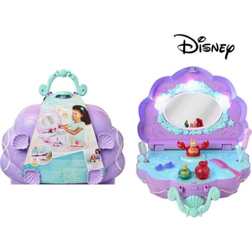 Disney Mermaid Shell Dresser Portable Play House Desktop Light Music Ariel Makeup Box Birthday Girls Toys Gift