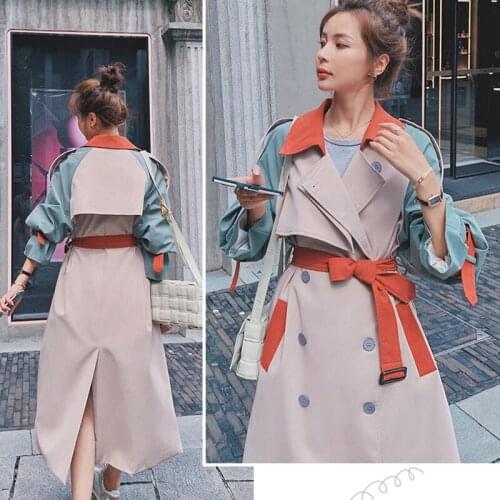 Stitching contrast windbreaker womens mid-length British style autumn 2020 new Double breasted Korean loose chic coat jacket 16