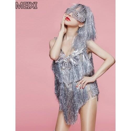 Sexy silver sequined deep V jumpsuit party nightclub bar concert DJ singer/dancer costume