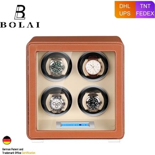 Luxury Watch Winder 4 Automatic Watches Storage Box High Gloss Wood Leather Mabuchi Motor LCD Touch Screen and Remote Control