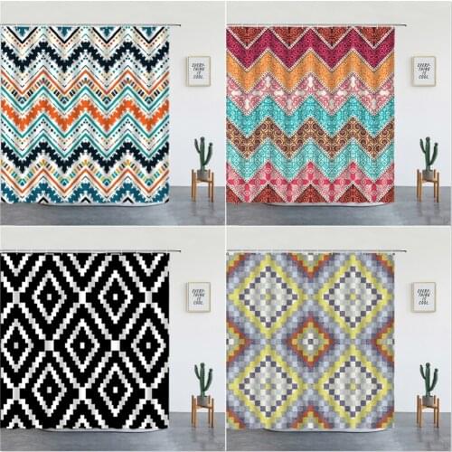 India Bohemian Shower Curtains Geometric Stripe Wall Hanging Bathroom Decor Polyester Fabric Washable Bathtub Screen With Hooks