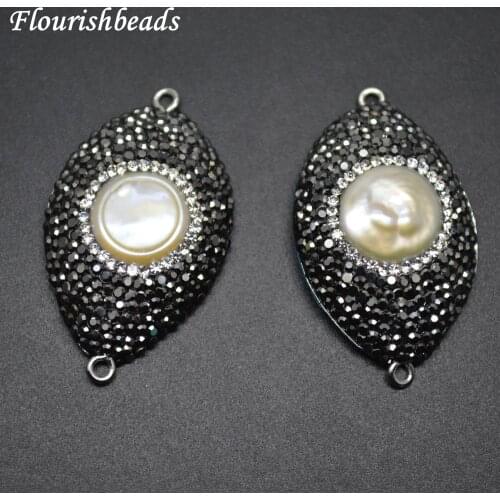 Two Loops Natural White Fresh Water Pearl Eye Shape Jewelry connectors Paved Black Crystal Fashion Jewelry Accessories