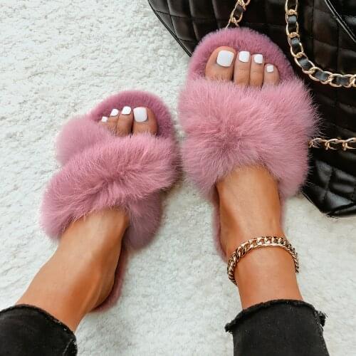 Plush Slippers Real Rabbit Fur Slides Fashion Cross Band Flat Sandals Winter House Women Fur Slippers Ladies Fluffy Home Shoes