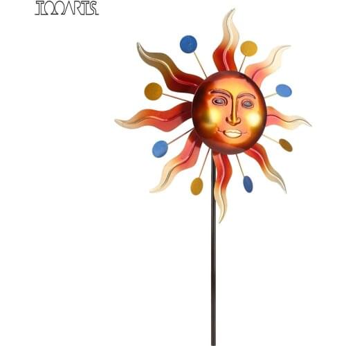Tooarts Sunlight Face Windmill Stake Outdoore 3D Wind Spinnr Reflective Painting Yard Lawn and Garden Decoration Retro Style
