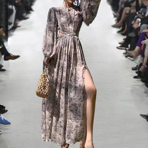 IVY HE High Quality Autumn Womens Dress Seaside Resort Chiffon French Floral Print Waist Hollowed Out Beach Party Dresses ZAfu