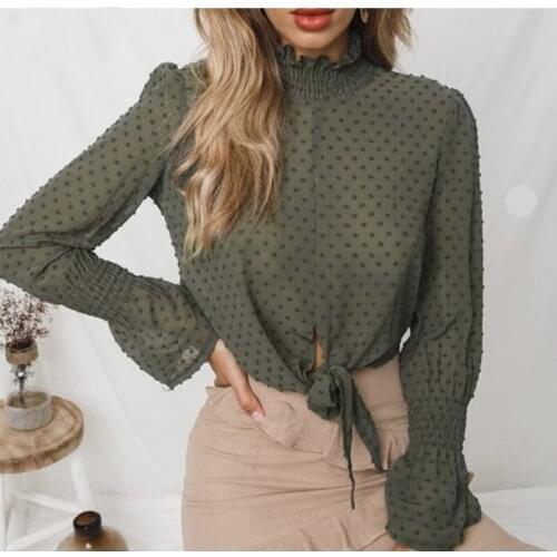 Women Blouse Shirt See Through Solid Long Sleeve Chiffon Blouse
