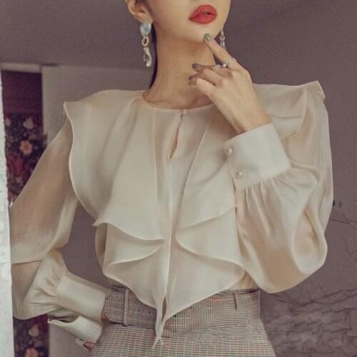 Women Office Blouse Long Sleeve Solid Color Pleated Lace Button Up Blouse Casual Tops 2021 VONDA Ladys Office Shirts Femininas