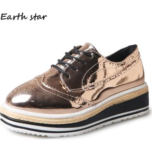 EARTH STAR Casual Shoes Women Brand Platform Shoes Lady chaussure Hollow Brogue Shoes Breathable Female footware Cross-tied Gold