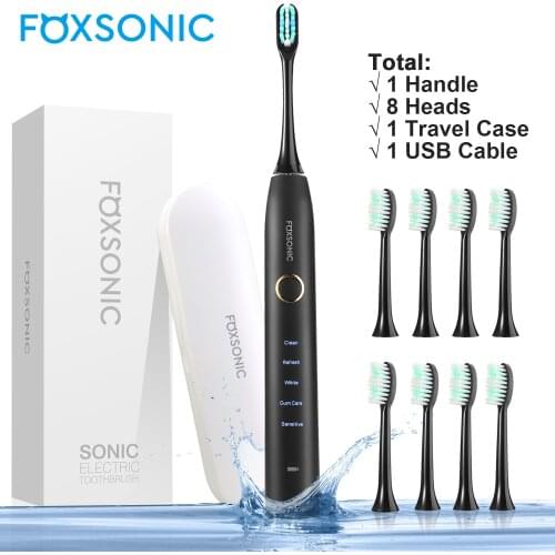 FOXSONIC Sonic Electric Toothbrush Rechargeable Ipx 7 Waterproof with 8 Brushes Replacement Heads