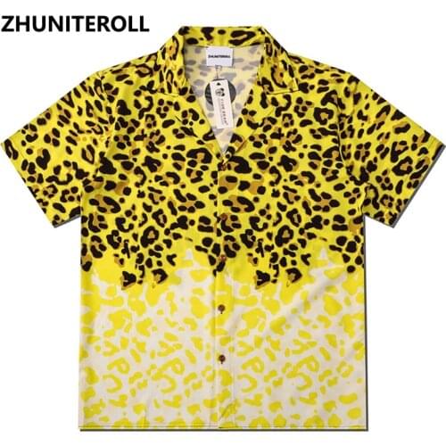 Streetwear Hawaiian Beach Shirts Leopard Print Hip Hop Button Shirt Mens Fashion Short Sleeve Holiday Party Blouse Black Tops