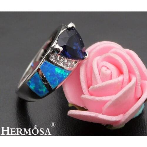 Hermosa Big Promotion Natural Australian Opal BlueSapphire Hot Promise Band Ring Size 7 DF68