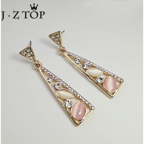 JZTOP Fashion Geometrical Crystal Stud Earrings Oval Opal Triangle Pendant Long Earrings Woman Metallic Style Oorbellen Jewelry