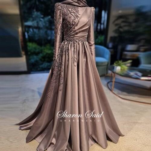 Sharon Said Brown Long Sleeve Muslim Evening Dresses 2021 Luxury Dubai Beading Arabic Formal Dress for Women Wedding Party Gowns