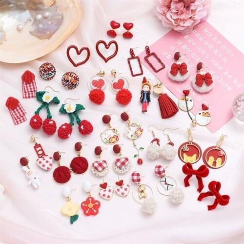 China Style Red Sweet and Cute Earring Cherry Heart-shaped Plush Ball Women Girl Dangler Cartoon Fashion Drop Earrings Wholesale