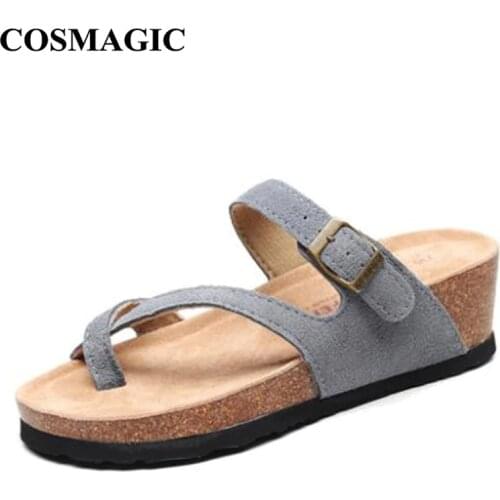 COSMAGIC 2021 Summer Beach Med Heel Cork Slippers Casual Women Nubuck Leather Wedge Platform Outside Clogs Slide Shoe