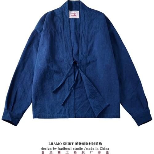 BADBOWL Plant Indigo Jacket Men Blue Dyeing Casual Kimono Jackets Japanese Retro Road Robe Mens Spring Autumn Loose Cotton Coat