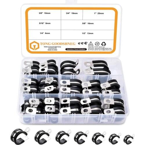 Cable Clamps Assortment Kit, 304 Stainless Steel Rubber Cushion Pipe Clamps in 7 Sizes 1/4" 5/16" 3/8" 1/2" 5/8" 3/4"1