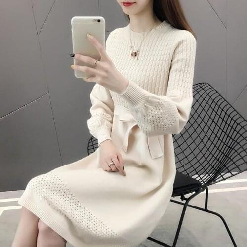 2021 Autumn Winter Women Round-neck Sweater Lace Up Knit Dresses Female Pullover Long Sleeve Dress Casual Vestidos Mujer X319