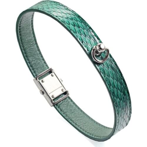 Green Snake Genuine Leather Button Buckle Choker Necklaces Bracelet NeckCollar Dual Use 41CM