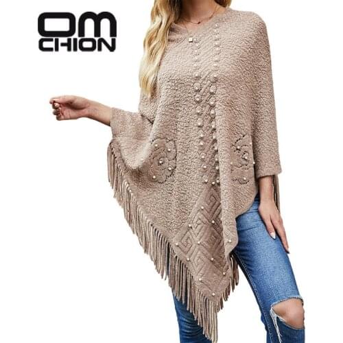 OMCHION Korean New Oversized Ponchos 2021 V Neck Pearl Beading Shawl Cloak Women Loose Tassel Sweater Coat Female Knitwear