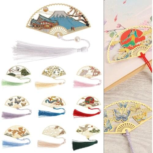 Chinese Style Retro Brass Bookmark Folding Fan Book Clip Pagination Mark Crane Flower Tassel Stationery School Office Supplies