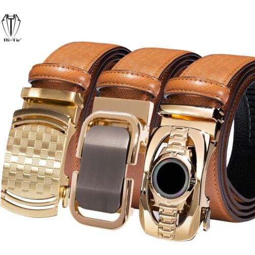 High Quality Orange Genuine Leather Mens Belts Gold Automatic Buckles Waistband Ratchet for Dress Jeans Casual Wedding Luxury