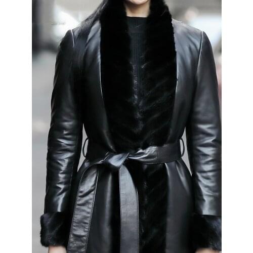 Real Sheepskin Womens Leather Jacket 90% White Duck Down Female Winter Coat Mink Fur Collar Leather Jackets Veste Femme Zjt620