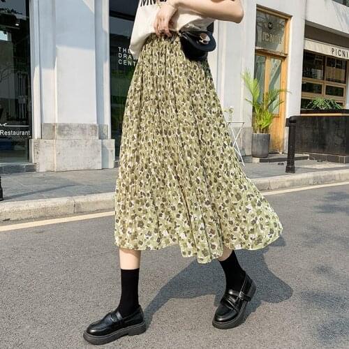 Floral Chiffon Long Korean Fashion High-Waisted Vintage Spring Autumn Summer WomenS Clothing Skirts Vetement Femme 2021