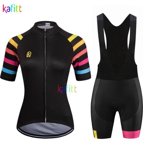 KAFITT Womens Black Short Sleeve Cycling Jersey Sets Bib Pants Breathable Outdoor Go Pro Team Quick Drying Maillot Mujer Summer
