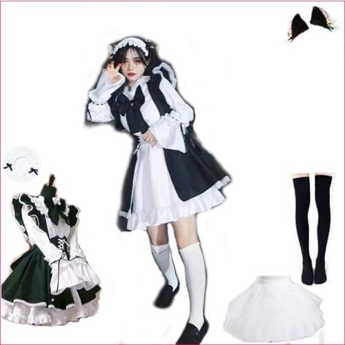 Women Maid Outfit Anime Long Dress Black and White Apron Dress Lolita Dresses Men Cafe Costume Cosplay Costume