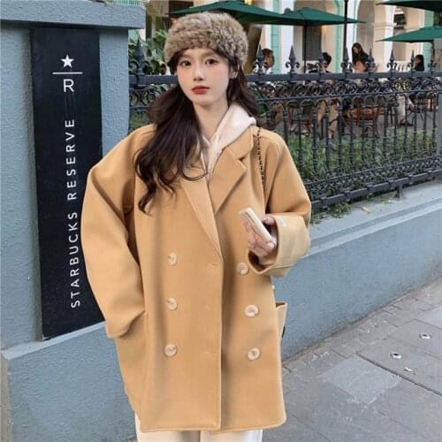 Simplicity Comfortable Suit Woolen Jacket Womens 2021 New Fall Korean Loose Double breasted Woolen coat Female Outerwear s1126
