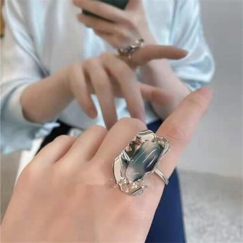 TIMEONLY Retro Wide Metal Oversize Crystal Ring for Women Ladies Blue Green White Color Opal Rings Wedding Gifts Accessories