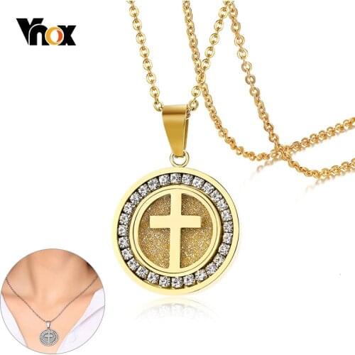 Vnox Fashion Cross with Bling CZ Stones Round Pendant Shinny Women Necklace Stainless Steel Trendy Jewelry