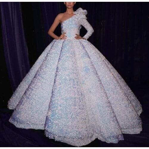 2020 Luxury White Wedding Dress One Shoulder Sequined Lace Up Ball Gown Bridal Dresses vestido de novia WD30621