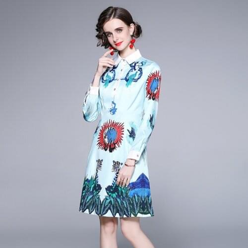 2021 New Animal Print Women Dress Long Sleeve Pleated Mini Dresses D4536