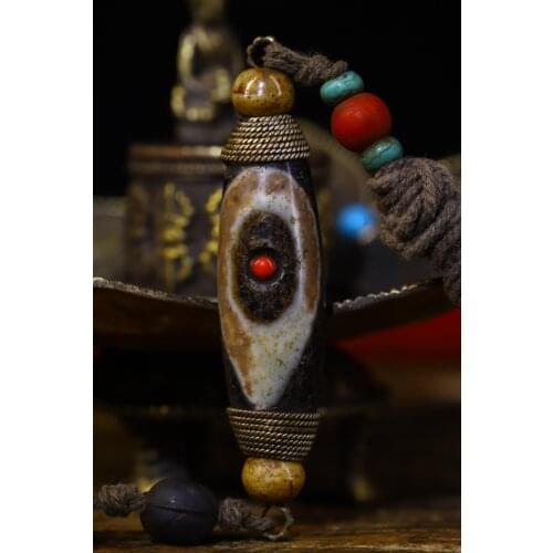 3"Tibet Temple Collection Old Natural agate Filigree mosaic Gem Dzi Bead Pendant amulet Town House Exorcism