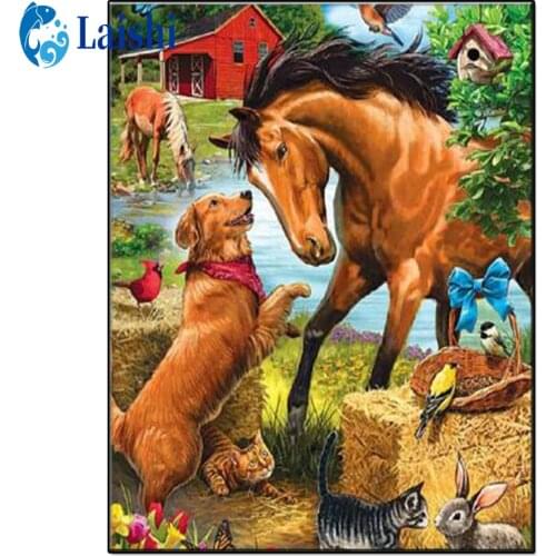 Diamond Painting Farm landscape, puppy and horse Diamond Mosaic Diamond Embroidery Full Round Drill Diamond Embroidery Decor